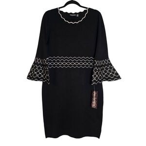 Nina Leonard NWT Black & White Sweater Dress 3/4 Bell‎ Sleeve Career  Lg